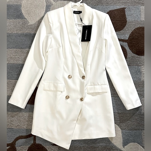 NWT PrettyLittleThing Long Sleeve Creamy White Gold Button Blazer Dress - Picture 2 of 13